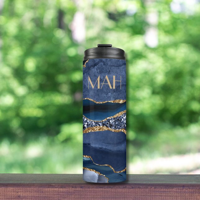 Monogram Blue Gold Glitter Agate Marble Trendy  Thermal Tumbler (Blue Gold Glitter Agate Marble Monogrammed Thermal Tumbler)