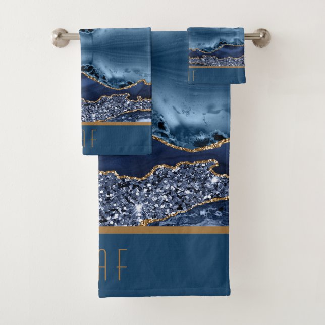 Monogram Blue Gold Glitter Agate Pattern Trendy Bath Towel Set (Insitu)
