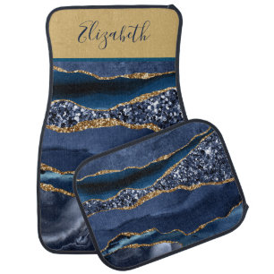 Monogram Blue Gold Glitter Agate Trendy Marble Car Floor Mat