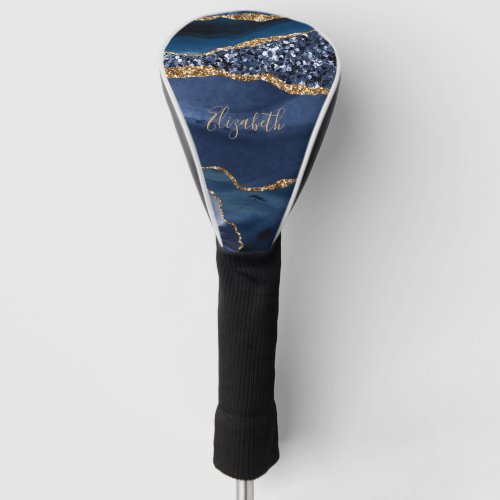Monogram Blue Gold Glitter Agate Trendy Marble Golf Head Cover