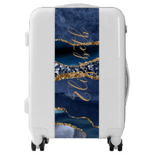 Monogram Blue Gold Glitter Agate Trendy Marble Luggage