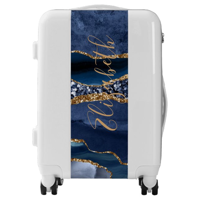 Monogram Blue Gold Glitter Agate Trendy Marble Luggage (Front)