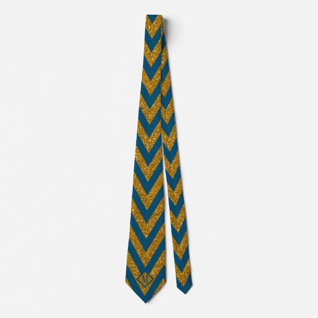 Monogram Blue & Gold Glitter Pattern Design Men Neck Tie (Front)