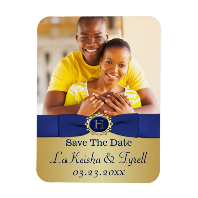 Monogram Blue, Gold Save the Date Photo Magnet (Vertical)
