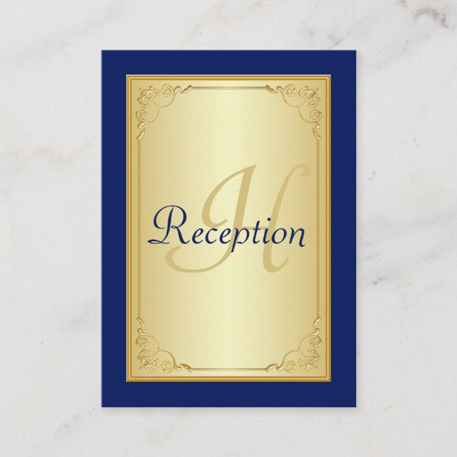 Monogram Blue Gold Scroll Reception Enclosure Card (Front)