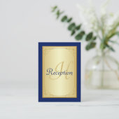 Monogram Blue Gold Scroll Reception Enclosure Card (Standing Front)