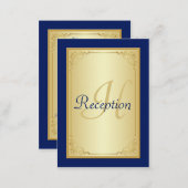 Monogram Blue Gold Scroll Reception Enclosure Card (Front/Back)