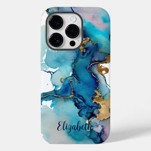 Monogram Blue Gold Wash Splash Watercolor Abstract Case_Mate iPhone 14 Pro Case