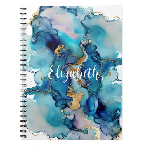 Monogram Blue Gold Wash Splash Watercolor Abstract Notebook