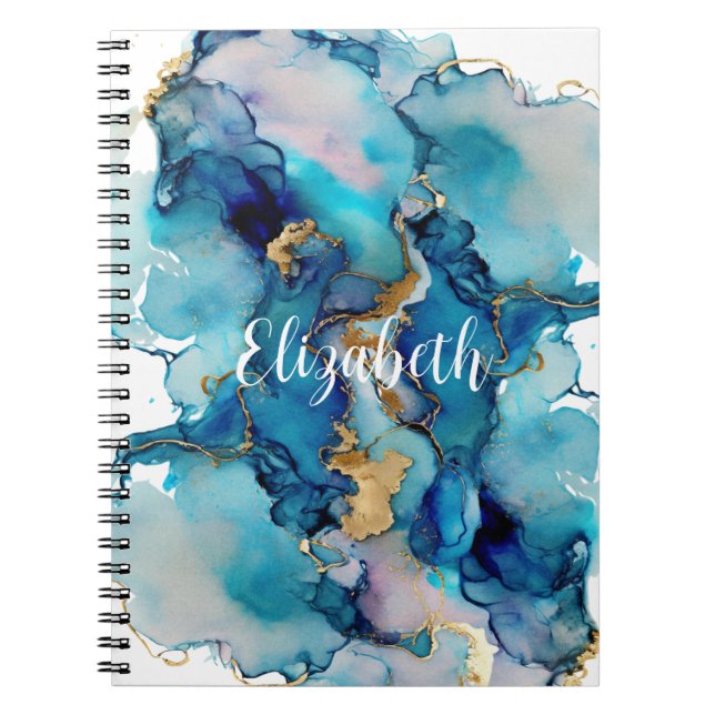 Monogram Blue Gold Wash Splash Watercolor Abstract Notebook (Front)