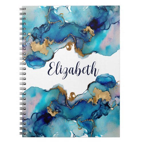 Monogram Blue Gold Wash Splash Watercolor Abstract Notebook