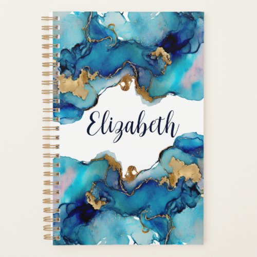 Monogram Blue Gold Wash Splash Watercolor Abstract Planner