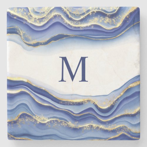 Monogram Blue Gold White Glitter Agate Geode Gift Stone Coaster