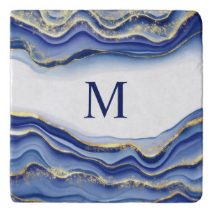 Monogram Blue Gold White Glitter Agate Geode Gift Trivet