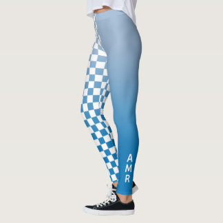 Monogram Blue Gradient White Checkered Pattern Leggings