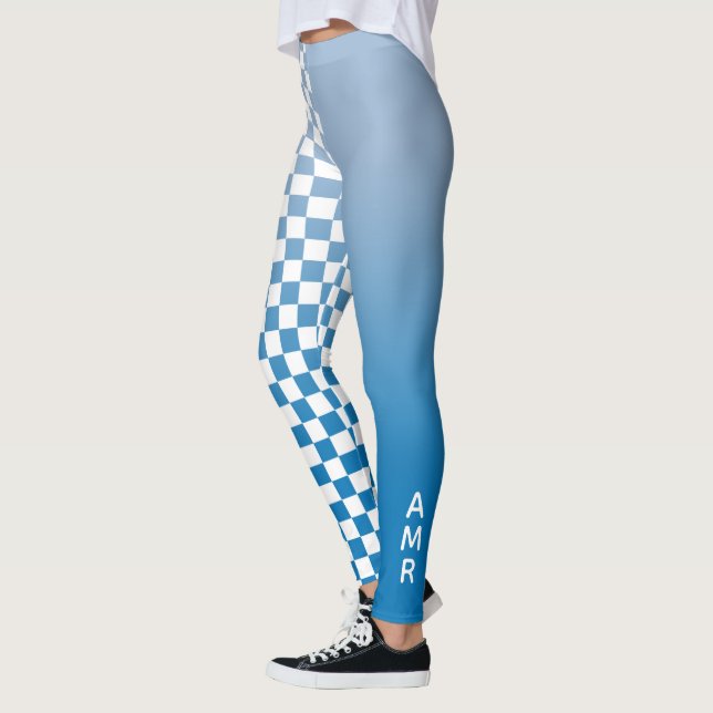 Monogram Blue Gradient White Checkered Pattern Leggings (Left)