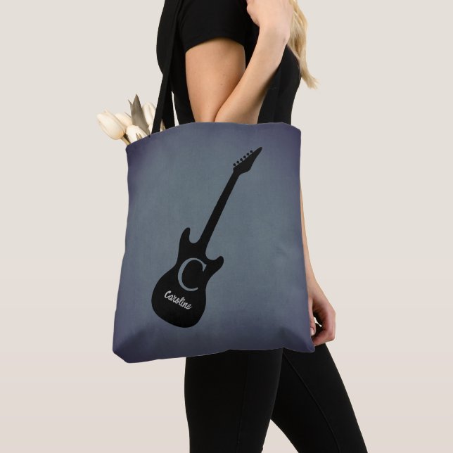 Monogram Blue Gray Electric Guitar Tote Bag (Close Up)
