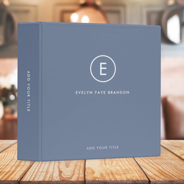 Monogram Blue Gray Minimalist Simple Initial Name 3 Ring Binder (Creator Uploaded)