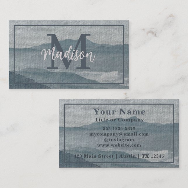 Monogram Blue Gray Mountain Watercolor Art Business Card (Front/Back)