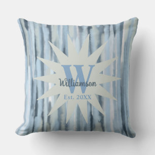 Monogram blue gray navy stripes watercolor marine throw pillow