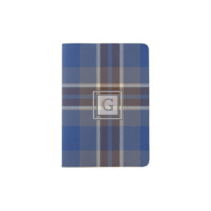 Monogram Blue Gray Tartan Gifts For Men Customized Passport Holder