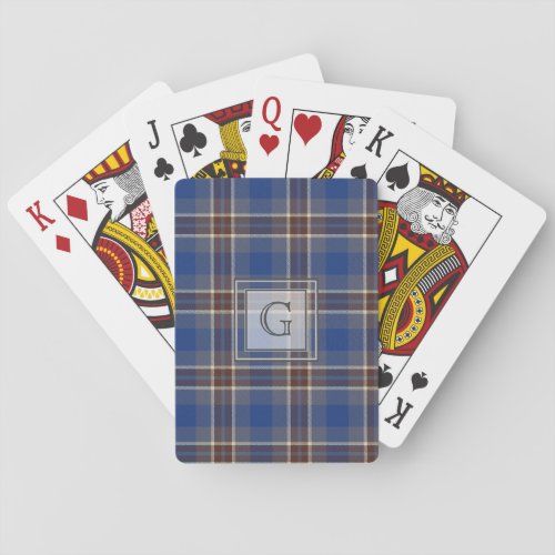 Monogram Blue Gray Tartan Gifts For Men Customized Poker Cards