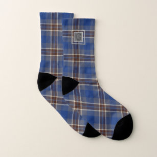 Monogram Blue Gray Tartan Gifts For Men Customized Socks