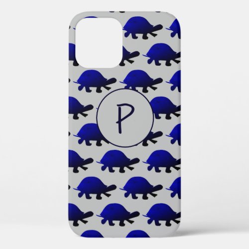 Monogram Blue Gray Turtle Pattern Fun Animal iPhone 12 Case