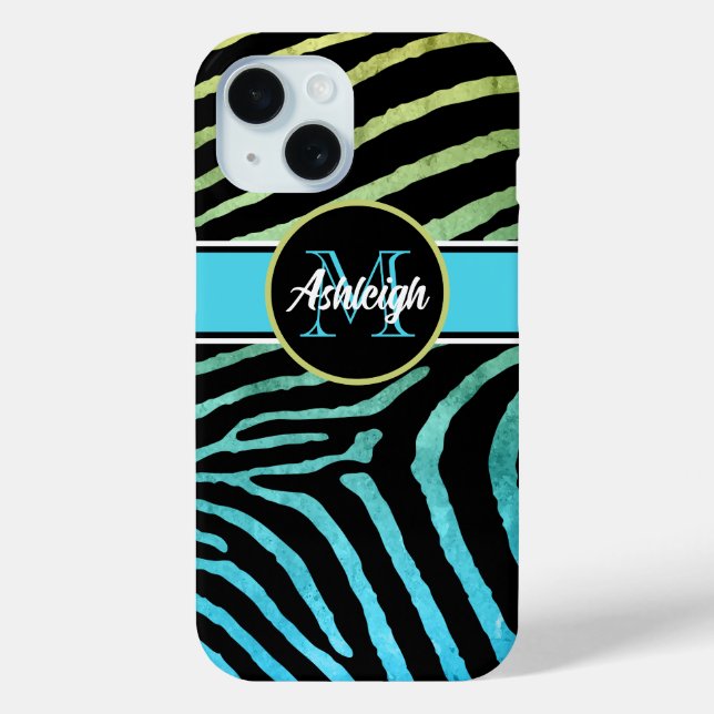 Monogram Blue, Green, Black Zebra Stripes Case-Mate iPhone Case (Back)