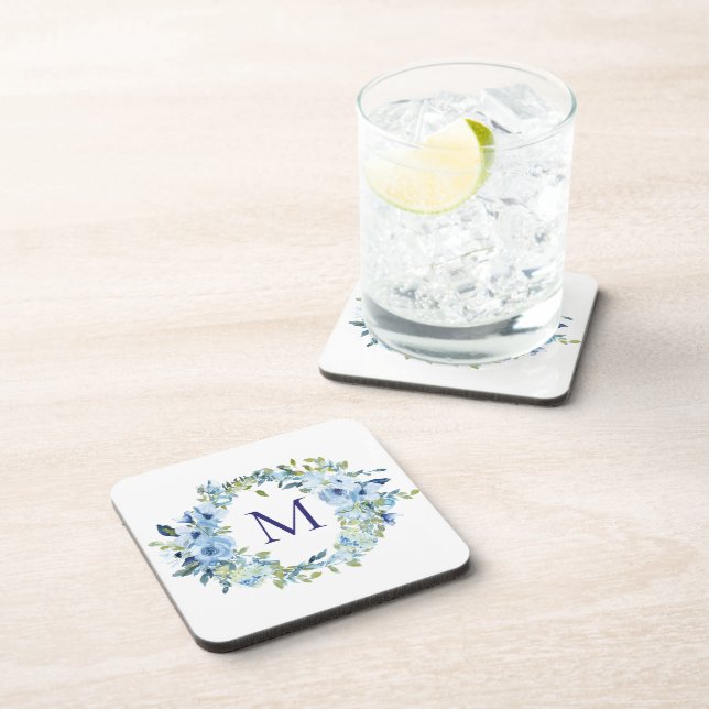 Monogram Blue Green Floral Botanical Watercolor  Beverage Coaster (Right Side)