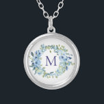Monogram Blue Green Floral Botanical Watercolor  Silver Plated Necklace<br><div class="desc">A beautiful monogrammed blue green floral botanical watercolor necklace for her. These make great bridesmaid gifts.</div>