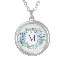 Monogram Blue Green Floral Botanical Watercolor  Silver Plated Necklace