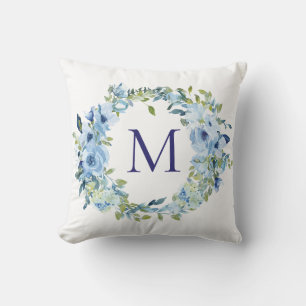 Monogram Blue Green Floral Botanical Watercolor Throw Pillow