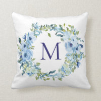 Monogram Blue Green Floral Botanical Watercolor  Throw Pillow