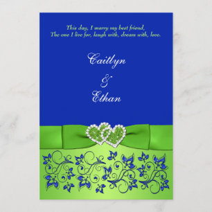 Monogram Blue, Green Floral, Hearts Wedding Invite