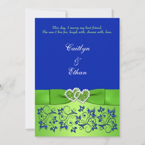 Monogram Blue, Green Floral, Hearts Wedding Invite