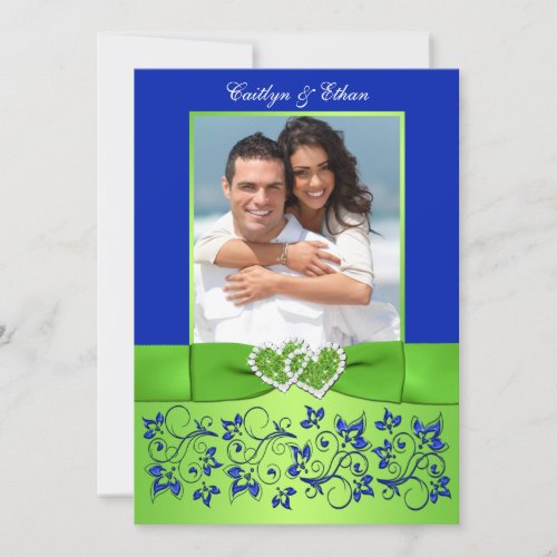 Monogram Blue, Green Floral PHOTO Wedding Invite