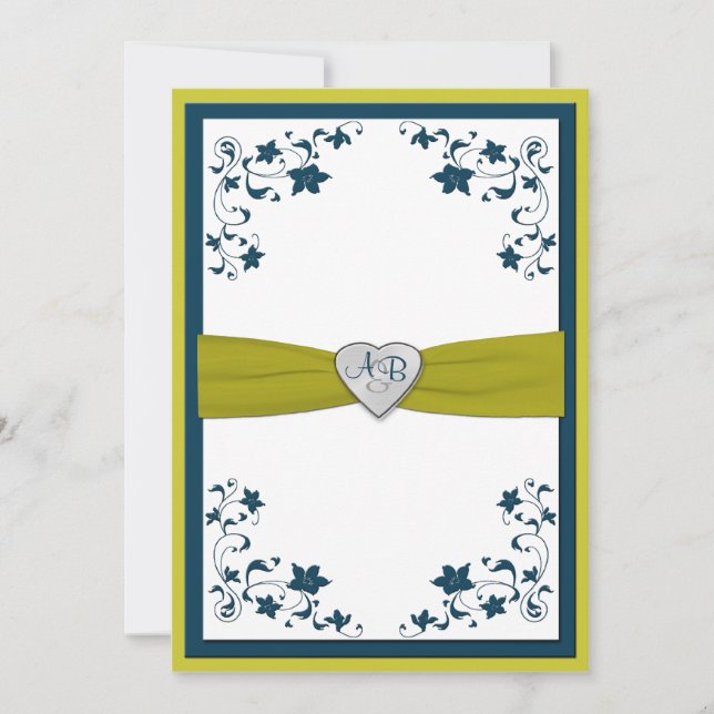 Monogram Blue, Green Floral Wedding Invitation (Front)