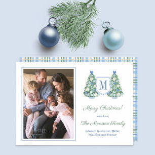 Monogram Blue Green Merry Christmas Photo Holiday Card