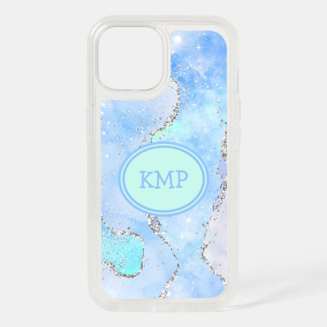 Monogram Blue Green Silver Glitter Marble Agate iPhone 15 Case (Back)