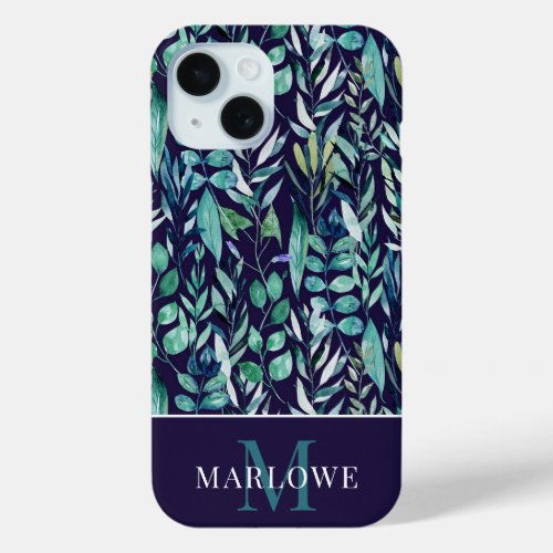 Monogram Blue Green Watercolor Botanical Pattern iPhone 15 Case