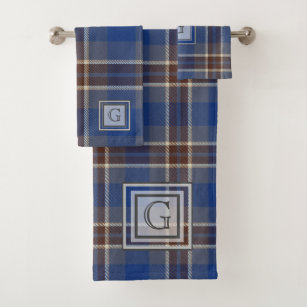Monogram Blue Grey Tartan Gifts For Men Customized Bath Towel Set