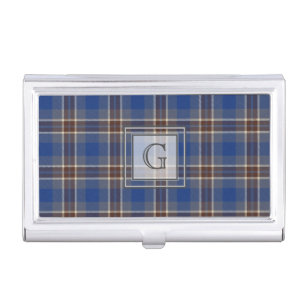 Monogram Blue Grey Tartan Gifts For Men Customized Business Card Case