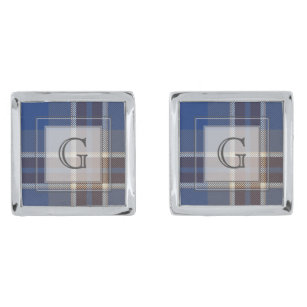 Monogram Blue Grey Tartan Gifts For Men Customized Cufflinks