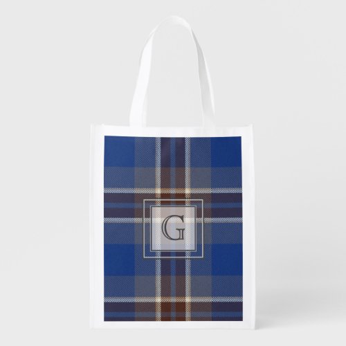 Monogram Blue Grey Tartan Gifts For Men Customized Grocery Bag