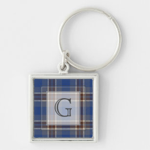Monogram Blue Grey Tartan Gifts For Men Customized Keychain