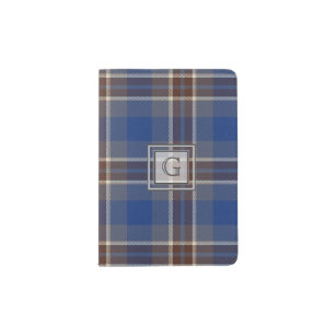 Monogram Blue Grey Tartan Gifts For Men Customized Passport Holder