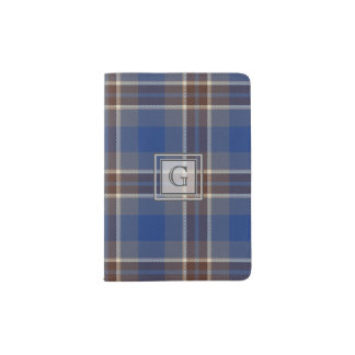 Monogram Blue Grey Tartan Gifts For Men Customized Passport Holder