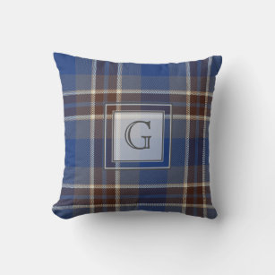 Monogram Blue Grey Tartan Gifts For Men Customized Throw Pillow