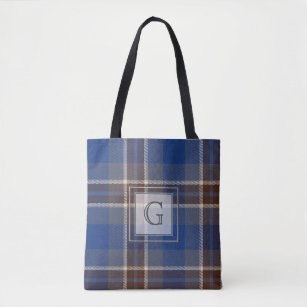 Monogram Blue Grey Tartan Gifts For Men Customized Tote Bag